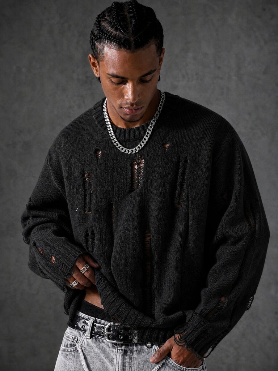 Manfinity EMRG Men's Solid Color Crew Neck Long Sleeve Distressed Casual Loose Knit Sweater, Fall/Winter - Multicolor - View 1