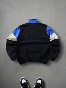Manfinity EMRG Men Casual Contrast Color Stand Collar Zip-Up Long Sleeve Jacket,Black And Beige,Autumn,Streetwear,Rave,Daily Wear Outings Sports School Party Gift - Multicolor - View 2