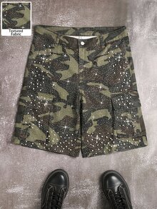 Manfinity EMRG Men's Camouflage Rhinestone Embellished Casual Versatile Daily Wear Denim Shorts - Army Green - View 3