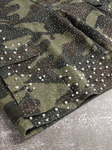 Manfinity EMRG Men's Camouflage Rhinestone Embellished Casual Versatile Daily Wear Denim Shorts - Army Green - View 8