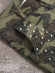 Manfinity EMRG Men's Camouflage Rhinestone Embellished Casual Versatile Daily Wear Denim Shorts - Army Green - View 4