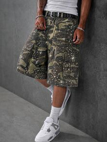 Manfinity EMRG Men's Camouflage Rhinestone Embellished Casual Versatile Daily Wear Denim Shorts - Army Green - View 1