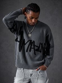 Manfinity EMRG 男士字母图案圆领长袖套头毛衣，秋冬 - 深灰色 - 查看 1