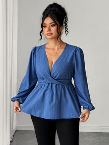 SHEIN Elenzya Blus Wanita Ukuran Besar Lengan Lentera dengan Desain Pinggang Ramping dan Bahan Bertekstur, Cocok untuk Musim Gugur. - Biru - View 3