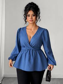 SHEIN Elenzya Blus Wanita Ukuran Besar Lengan Lentera dengan Desain Pinggang Ramping dan Bahan Bertekstur, Cocok untuk Musim Gugur. - Biru - View 4