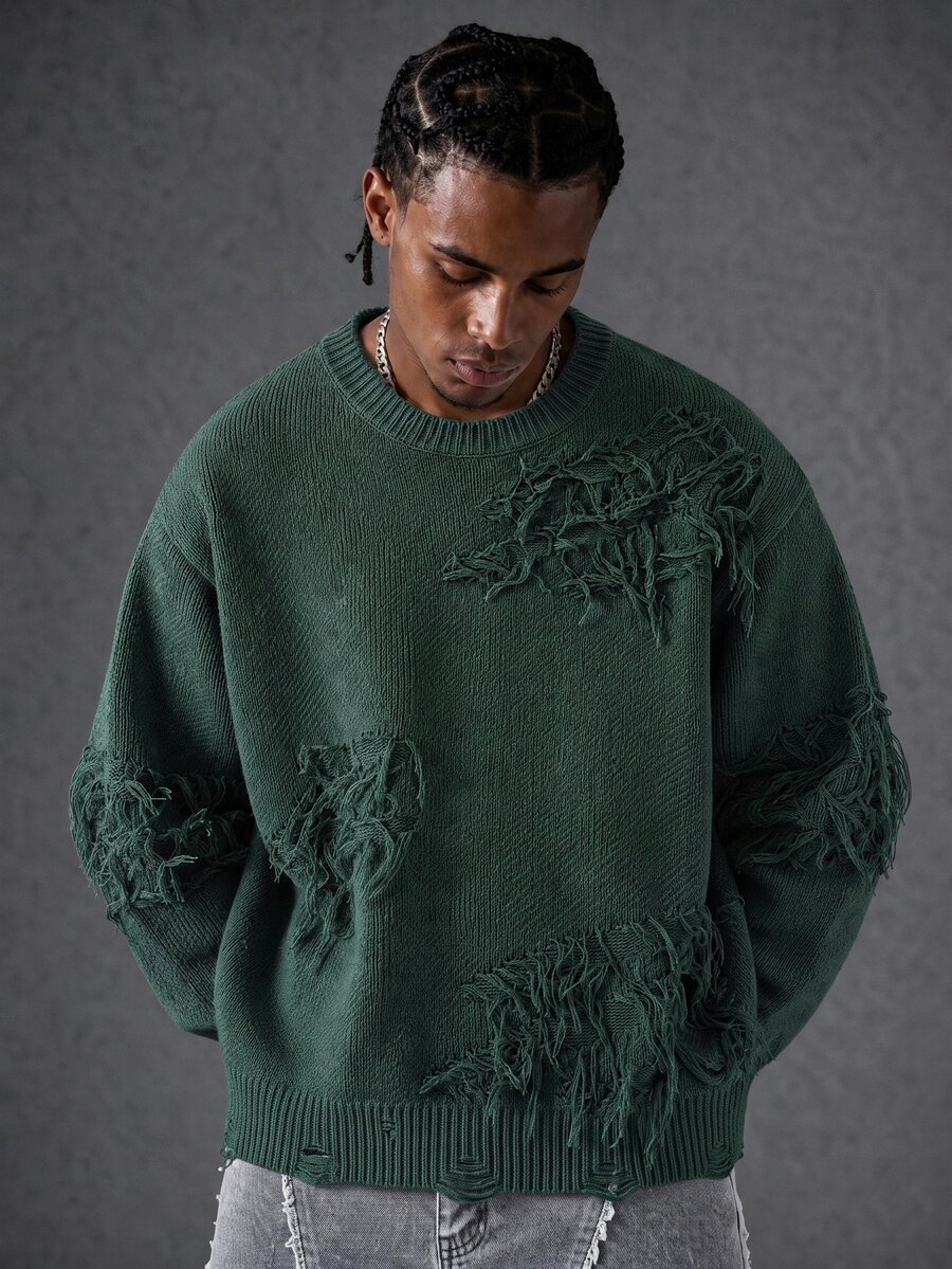 Manfinity EMRG Casual Loose Fit Crew Neck Long Sleeve Pullover Sweater For Men, Fall Winter - Army Green - View 1