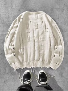 Manfinity EMRG Men's Casual Solid Color Distressed Crew Neck Sweater, Autumn/Winter - Apricot - View 2
