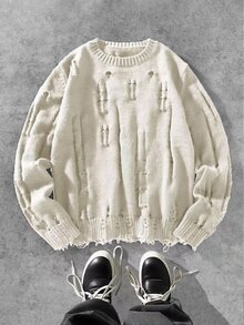 Manfinity EMRG Men's Casual Solid Color Distressed Crew Neck Sweater, Autumn/Winter - Apricot - View 3