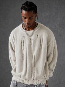 Manfinity EMRG Men's Casual Solid Color Distressed Crew Neck Sweater, Autumn/Winter - Apricot - View 1