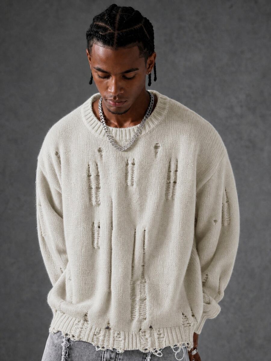 Manfinity EMRG Men's Casual Solid Color Distressed Crew Neck Sweater, Autumn/Winter - Apricot - View 1