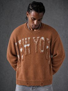 Manfinity EMRG Men's Crew Neck Long Sleeve Distressed Casual Knit Pullover Sweater - Brown - View 1