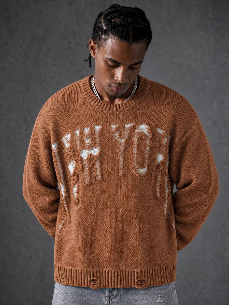 Manfinity EMRG Men's Crew Neck Long Sleeve Distressed Casual Knit Pullover Sweater - Brown - View 1
