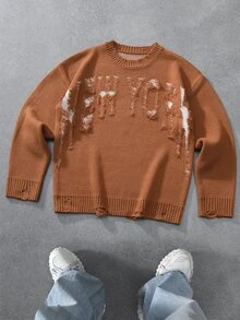 Manfinity EMRG Men's Crew Neck Long Sleeve Distressed Casual Knit Pullover Sweater - Brown - View 3