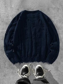 Manfinity EMRG Men's Solid Color Crew Neck Long Sleeve Distressed Sweater, Autumn/Winter - Royal Blue - View 2