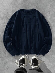 Manfinity EMRG Men's Solid Color Crew Neck Long Sleeve Distressed Sweater, Autumn/Winter - Royal Blue - View 3