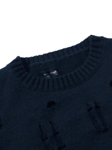 Manfinity EMRG Men's Solid Color Crew Neck Long Sleeve Distressed Sweater, Autumn/Winter - Royal Blue - View 4