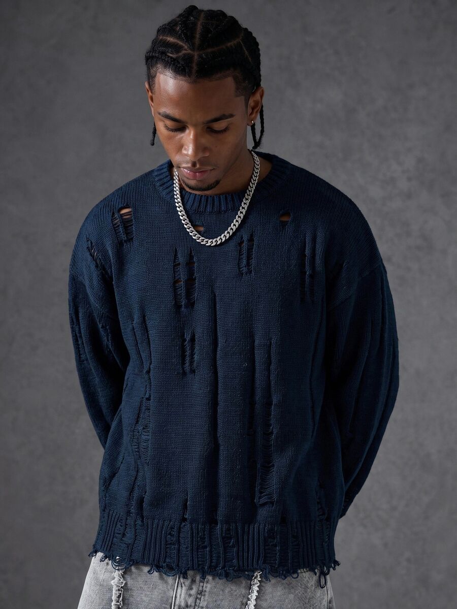 Manfinity EMRG Men's Solid Color Crew Neck Long Sleeve Distressed Sweater, Autumn/Winter - Royal Blue - View 1