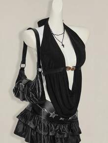 SHEIN ICON للنساء توب حلقي بدون أكمام مكشوف الظهر ذو رقبة غائرة، أنيق وجذاب للإجازة الصيفية - الأسود - مشاهدة 5