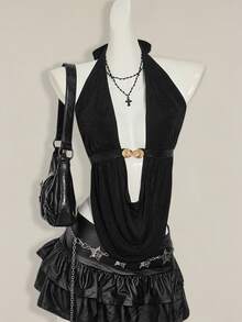 SHEIN ICON للنساء توب حلقي بدون أكمام مكشوف الظهر ذو رقبة غائرة، أنيق وجذاب للإجازة الصيفية - الأسود - مشاهدة 2