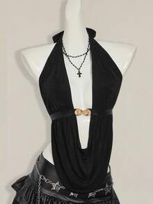 SHEIN ICON للنساء توب حلقي بدون أكمام مكشوف الظهر ذو رقبة غائرة، أنيق وجذاب للإجازة الصيفية - الأسود - مشاهدة 7