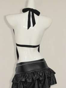SHEIN ICON للنساء توب حلقي بدون أكمام مكشوف الظهر ذو رقبة غائرة، أنيق وجذاب للإجازة الصيفية - الأسود - مشاهدة 4