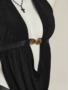 SHEIN ICON للنساء توب حلقي بدون أكمام مكشوف الظهر ذو رقبة غائرة، أنيق وجذاب للإجازة الصيفية - الأسود - مشاهدة 6