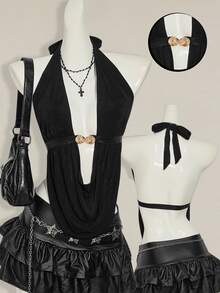 SHEIN ICON للنساء توب حلقي بدون أكمام مكشوف الظهر ذو رقبة غائرة، أنيق وجذاب للإجازة الصيفية - الأسود - مشاهدة 3