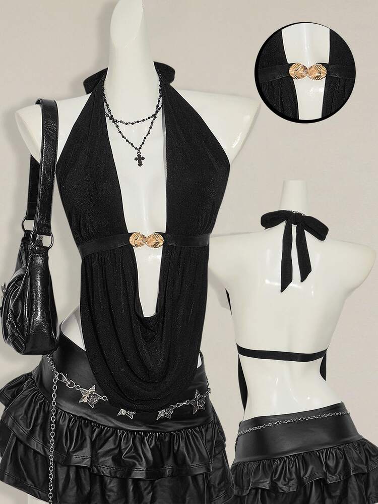 SHEIN ICON 女式深垂领露背无袖吊带上衣，性感别致，适合夏季度假 - 黑色 - 查看 3