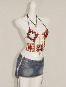 SHEIN ICON 秋冬女式钩针图案镂空前系带短款露背针织上衣 - 彩色 - 查看 6