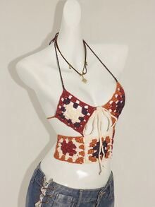 SHEIN ICON 秋冬女式钩针图案镂空前系带短款露背针织上衣 - 彩色 - 查看 7
