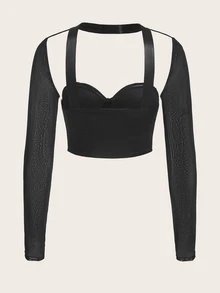 SHEIN X KeniaOs SHEIN ICON Solid Mesh Sleeve Asymmetrical Hem Bustier Top - Black - View 6