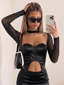 SHEIN X KeniaOs SHEIN ICON Solid Mesh Sleeve Asymmetrical Hem Bustier Top - Black - View 1