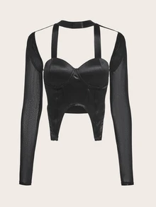SHEIN X KeniaOs SHEIN ICON Solid Mesh Sleeve Asymmetrical Hem Bustier Top - Black - View 3