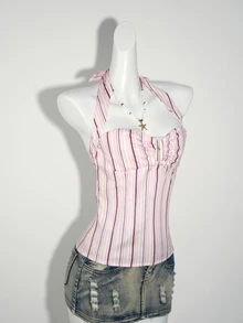 SHEIN ICON 女式时尚褶皱挂脖条纹吊带背心 - 粉色 - 查看 6