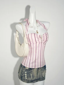 SHEIN ICON 女式时尚褶皱挂脖条纹吊带背心 - 粉色 - 查看 5