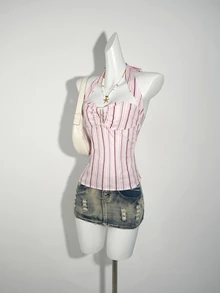 SHEIN ICON 女式时尚褶皱挂脖条纹吊带背心 - 粉色 - 查看 4