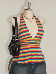 SHEIN ICON 2000 夏季女士外出休闲生日露背彩虹吊带娃娃衫 - 彩色 - 查看 4