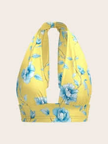 SHEIN ICON Women's Floral Print Deep V Sexy Cropped Halter Satin Top For Vacation 4th Of July Cute Summer Tops - Multicolor - View 7