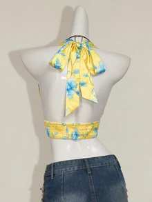 SHEIN ICON Women's Floral Print Deep V Sexy Cropped Halter Satin Top For Vacation 4th Of July Cute Summer Tops - Multicolor - View 2