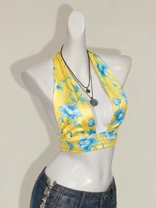 SHEIN ICON Women's Floral Print Deep V Sexy Cropped Halter Satin Top For Vacation 4th Of July Cute Summer Tops - Multicolor - View 6