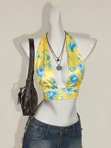 SHEIN ICON Women's Floral Print Deep V Sexy Cropped Halter Satin Top For Vacation 4th Of July Cute Summer Tops - Multicolor - View 3