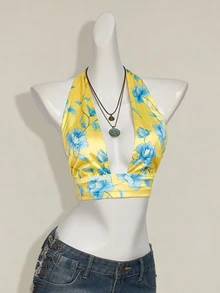 SHEIN ICON Women's Floral Print Deep V Sexy Cropped Halter Satin Top For Vacation 4th Of July Cute Summer Tops - Multicolor - View 4