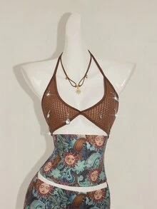 SHEIN ICON Retro Print Pendant Decorated Cami Top And Low-Waist Skirt 2 Pieces Set - Blue - View 5