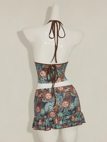 SHEIN ICON Retro Print Pendant Decorated Cami Top And Low-Waist Skirt 2 Pieces Set - Blue - View 2