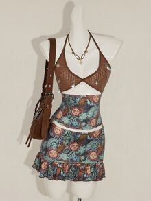 SHEIN ICON Retro Print Pendant Decorated Cami Top And Low-Waist Skirt 2 Pieces Set - Blue - View 7