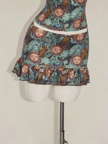 SHEIN ICON Retro Print Pendant Decorated Cami Top And Low-Waist Skirt 2 Pieces Set - Blue - View 6