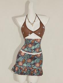SHEIN ICON Retro Print Pendant Decorated Cami Top And Low-Waist Skirt 2 Pieces Set - Blue - View 4