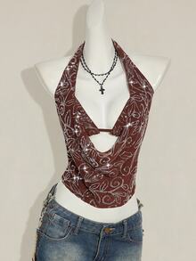 SHEIN ICON 2pcs Women's Sequin Crop Top & Shawl Collar Overlay, Sexy & Retro Style Suitable For Party - Coffee Brown - View 3