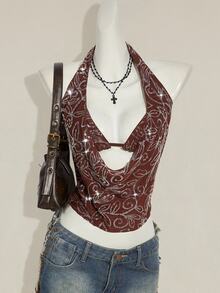 SHEIN ICON 2pcs Women's Sequin Crop Top & Shawl Collar Overlay, Sexy & Retro Style Suitable For Party - Coffee Brown - View 10