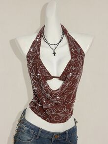 SHEIN ICON 2pcs Women's Sequin Crop Top & Shawl Collar Overlay, Sexy & Retro Style Suitable For Party - Coffee Brown - View 4